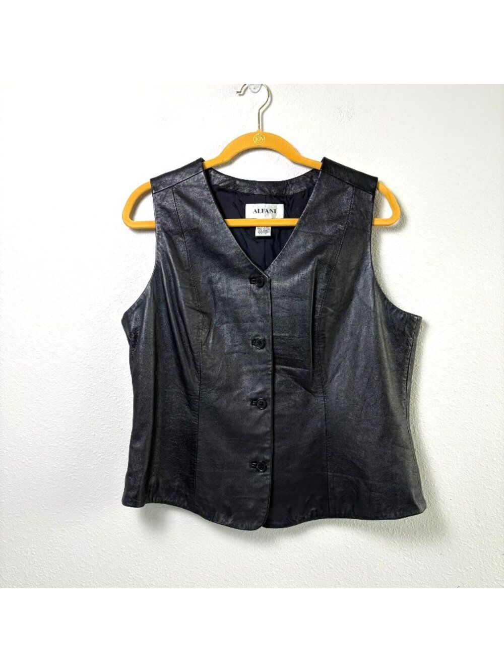 Alfani Lamb Leather Vest Size 14 Black V Neck Button‎ Front Vintage Y2K Biker